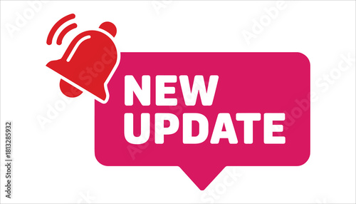 Red notification bell icon with white text N E W U P D A T E on a pink speech bubble new update alert