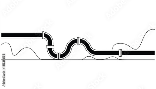 Black and white graphic illustration of a winding pipe with connecting joints and wavy lines below pipeline