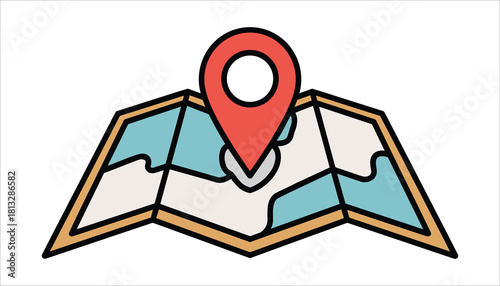 Red map pin marker on folded paper map with blue and cream sections and gold border location navigation