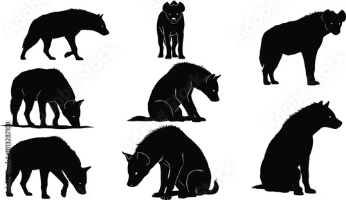 Hyena Silhouette Vector Illustration Set, Wild African Mammal Poses, Carnivore Animal Black Shape, Side View, Front View, Crouching, Foraging, Sitting, Isolated Wildlife Icon, Predator Clipart