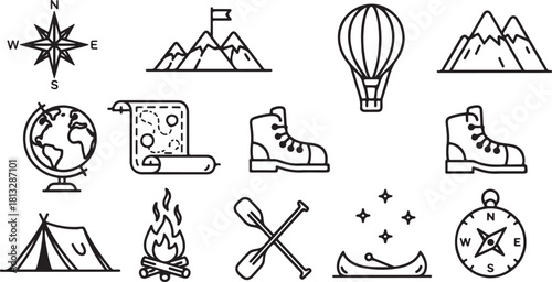Adventure Travel Icon Set – Camping, Hiking, Exploration Symbols

Outdoor Exploration Line Icons – Mountains, Ships, Maps & More

Travel and Adventure Outline Icons Pack for Outdoor Activities