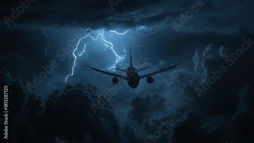 Plane in cloudy sky with lightning