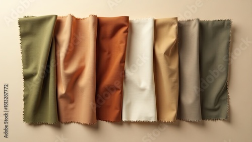 Displayed in a horizontal composition, a collection of fabric swatches showcases a palette of muted colors from olive and peach to cream and tan against a neutral background, providing visual...