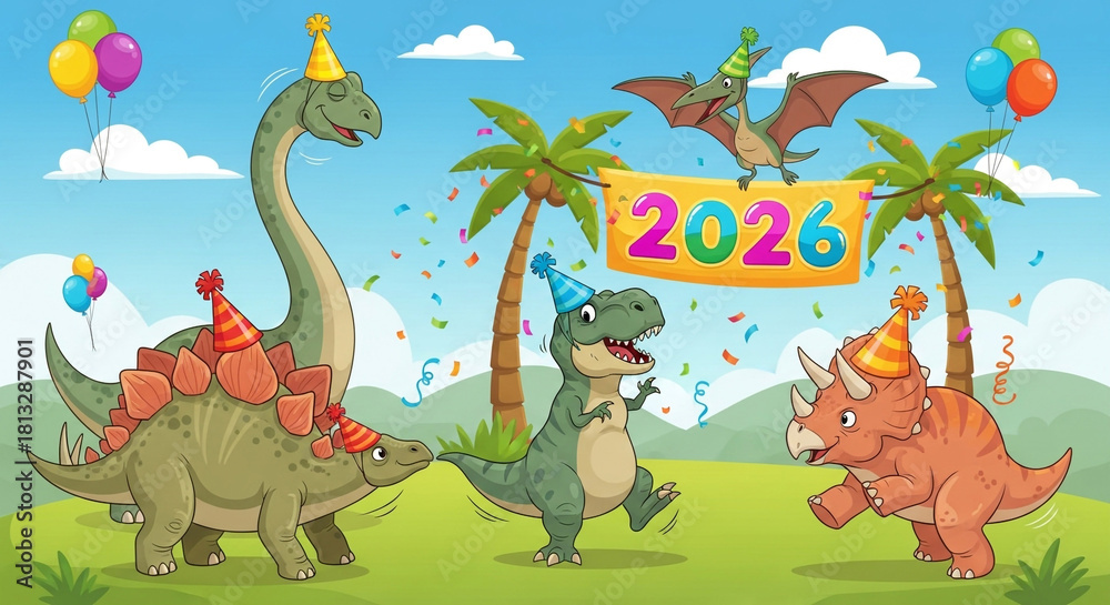 Obraz premium Happy cartoon dinosaurs in party hats celebrate 2026 with balloons, confetti, and a banner in a vibrant outdoor scene with palm trees
