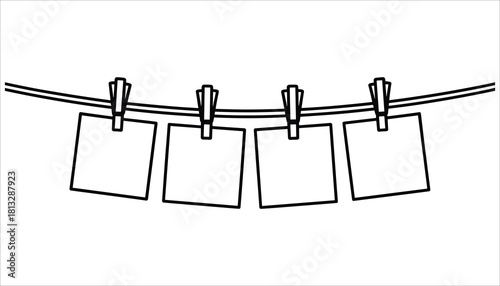 Four blank square paper notes hanging on a clothesline with clothespins vector