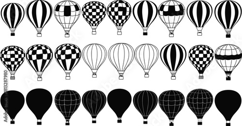 Large hot air balloon vector collection, featuring various patterns, detailed outlines, and solid black silhouettes for travel, flight, adventure, dreams, and aerial transportation graphics.