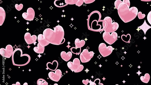 輝くハートがたくさん弾け飛ぶ、メルヘンチックでかわいい背景/ピンク・透過背景