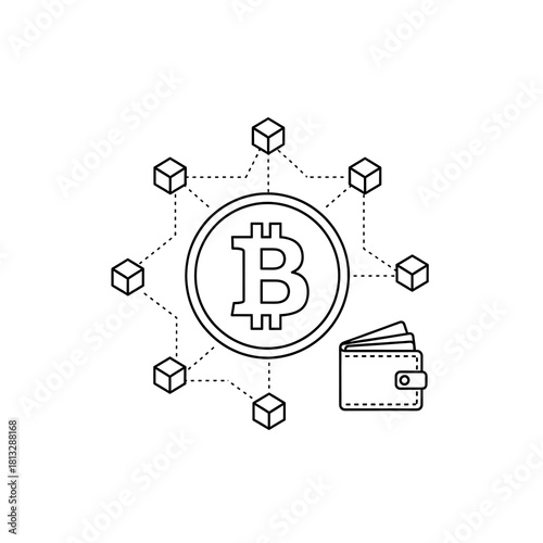 Bitcoin Concept: Depicting the essence of digital currency with Bitcoin symbol, blockchain network, and wallet icon. 