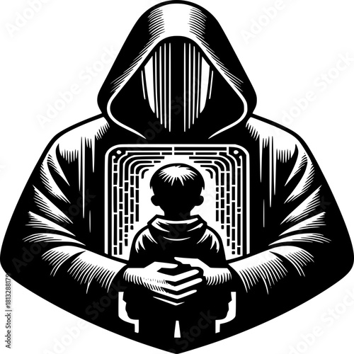 Guardian's Embrace: An abstract illustration depicts a shrouded figure cradling a smaller figure within, symbolizing protection and guidance.