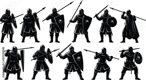 Medieval knights and armored soldiers silhouette collection, standing in various poses with shields, swords, and spears, representing historical combat, warfare, and military history.