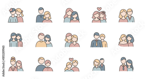 Collection of diverse couples icons in pastel colors, symbolizing love and relationships.