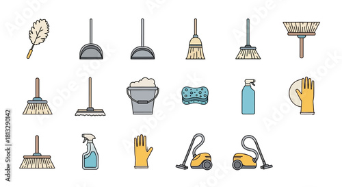 A collection of cleaning tools and supplies in a cartoon style, including brooms, mops, dustpans, and cleaning solutions.