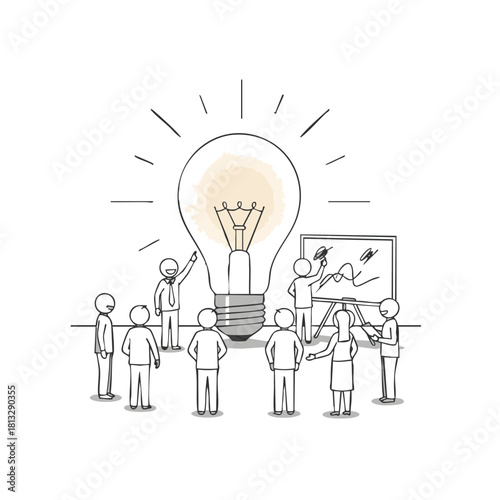 A team of stick figures collaborates around a giant lightbulb, brainstorming ideas and solutions for a project on a whiteboard.
