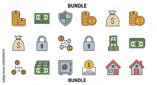 Illustration of financial security and investment bundle with money, safe, house, and lock icons.