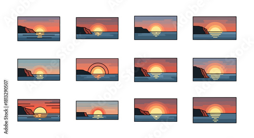 Collection of pixel art sunset landscapes with a sun setting over the ocean near a rocky coastline.