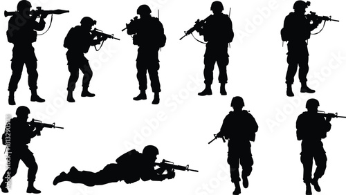 Modern military army soldiers silhouette collection, performing various combat operations and movements with automatic rifles and rocket launchers, isolated vector illustrations on white.