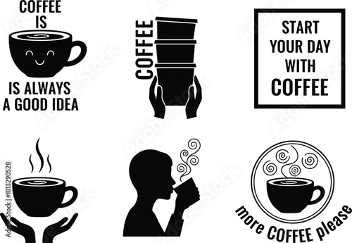 Coffee Illustration Set with Quotes, Cups, Steam and People Enjoying Their Morning Brew