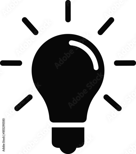 Black light bulb icon with radiating lines on white background idea innovation