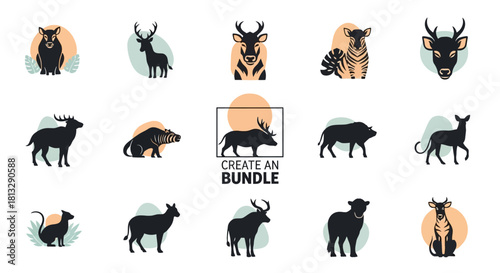 Collection of animal silhouettes, including deer, boar, zebra, and antelope, in a minimalist style.