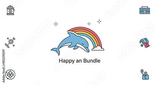 A cartoon image featuring a dolphin leaping over a rainbow with various icons around it.