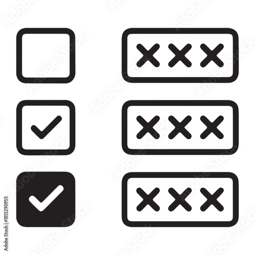 Checkbox and password input field icons with checkmarks and xs