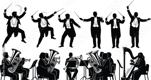 Orchestra Conductors and Musicians Silhouettes Vector Set, Men Directing and Playing Classical Instruments like Tuba, Euphonium, and Harp, Classical Music Performance and Art Illustration, Isolated.