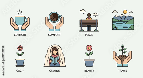 Photos Embrace tranquility and coziness with these comforting lifestyle icons depicting peaceful moments, natural beauty, and personal growth pursuits