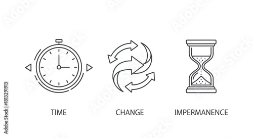 Conceptual icons representing time, cyclical change, and impermanence with clean line art style for business concepts