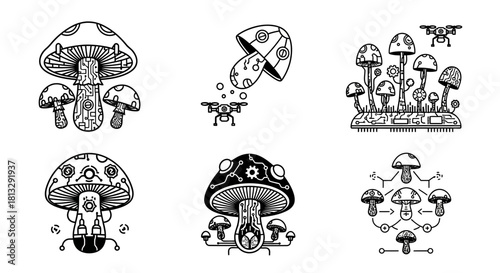 Futuristic mushroom designs fuse nature with technology showcasing circuits, drones, and gears for modern innovation concepts.