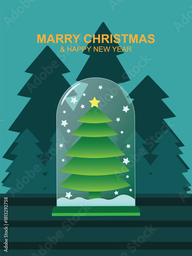 Flat vector illustration of a Christmas snow globe with a decorated tree inside. Suitable for greeting cards, posters, stickers, social media posts, and festive winter-themed designs.