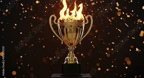 Golden Trophy Ablaze with Flames Surrounded by Falling Confetti