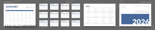 2026 Calendar Planner Set of Template grid Monthly Page, Cover with Place for Photo, Company Logo, Annual. Vector layout of wall or desk organizer calendar with week start Monday ready print. Pages A4