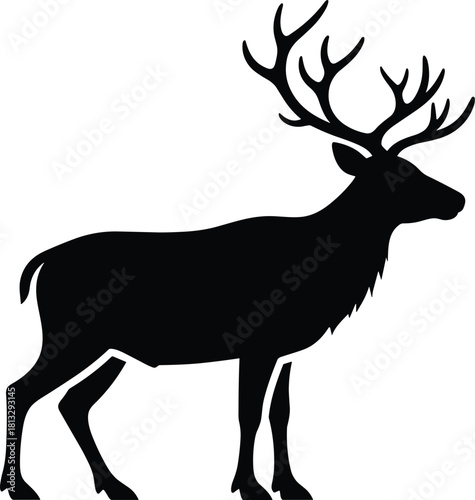 Black silhouette of a stag with large antlers standing on white background deer