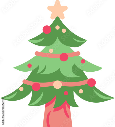 Flat icon of a decorated Christmas tree with ornaments and star on top.