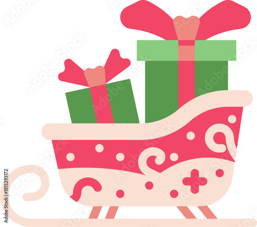 Flat icon of a festive sleigh filled with gift boxes, holiday delivery theme.
