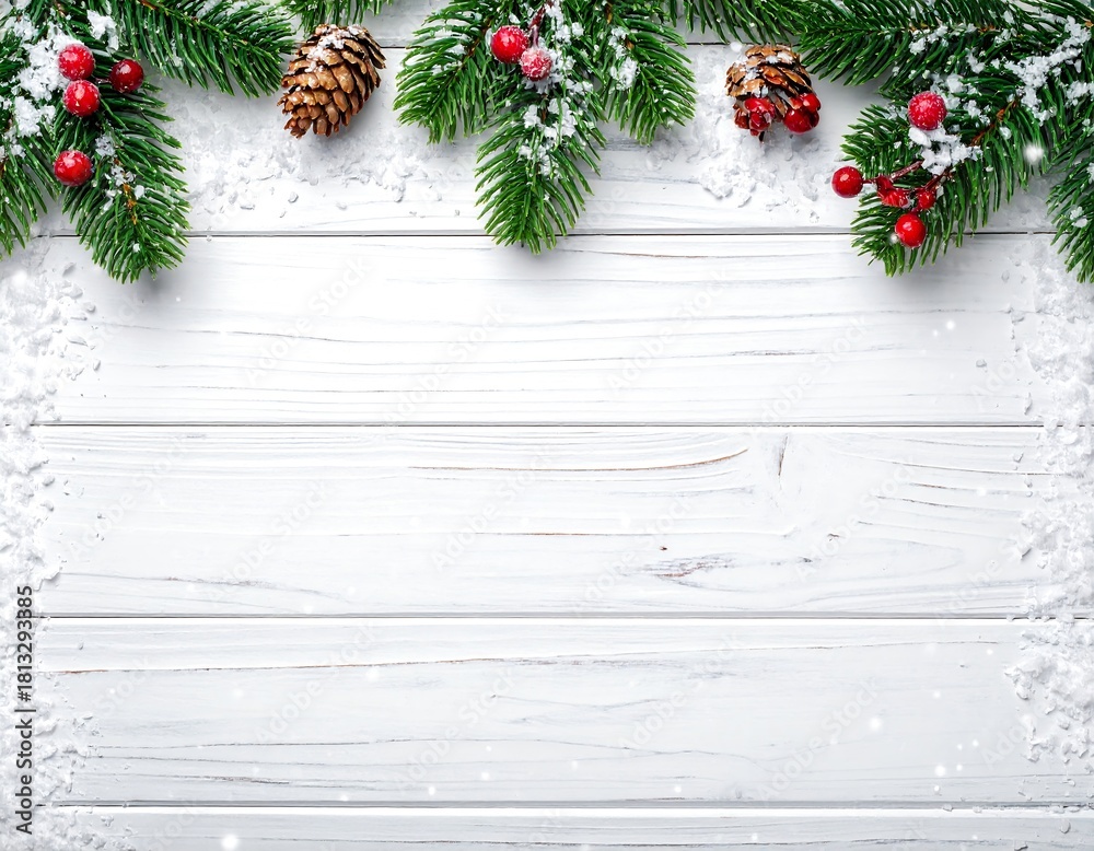Christmas and New Year background with fir branches and snowfall on wooden white board