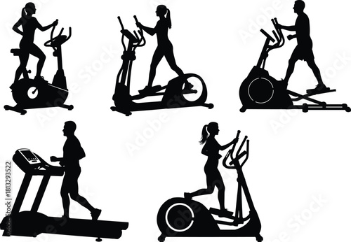 People Exercising on Gym Machines Vector Silhouette Set, Man and Woman Training on Elliptical Trainers and Treadmill, Cardio Workout, Fitness Equipment and Healthy Lifestyle Illustration, Isolated.