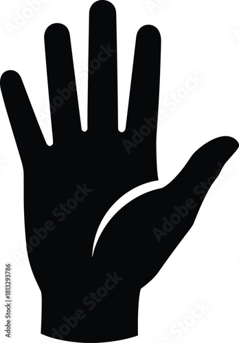 Black silhouette of an open human hand with five fingers spread open hand white