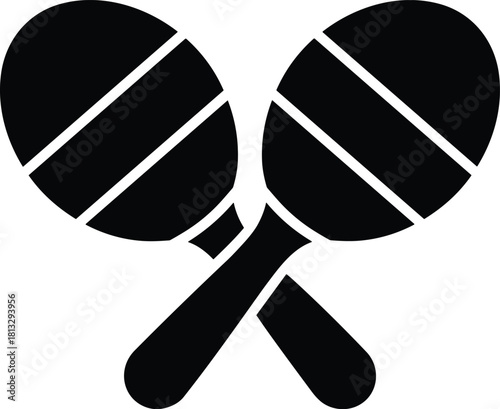 Black silhouette of two crossed maracas with diagonal stripes percussion musical instrument