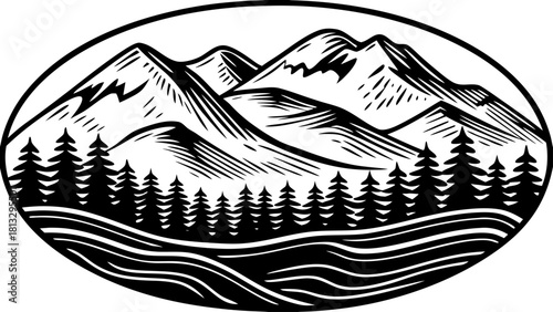 Vintage woodcut style mountain landscape with pine forest and water waves in an oval frame, black and white
