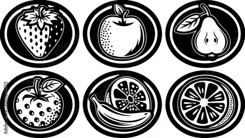 Set of fresh fruit icons including strawberry, apple, pear, banana, and orange slices in circular frames