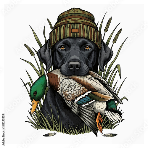 Black Labrador retriever dog wearing a beanie hat holding a freshly retrieved mallard duck in its mouth.