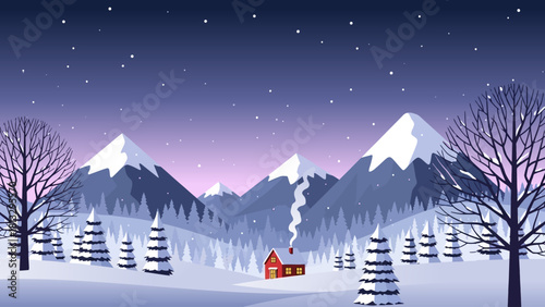 A cozy, snow-covered cabin nestled in a serene winter mountain landscape under a starry night sky.