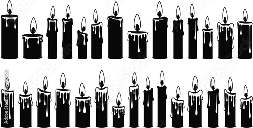 Set of burning candles silhouettes with dripping wax and flickering flames, symbolizing spirituality, meditation, celebration, and memorial themes, isolated vector icons on white.