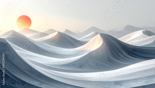 Fototapeta Naklejka Na Ścianę i Meble -  Surreal landscape shows rippling, stylized dune forms in cool tones with a bright sun, suggesting a dreamscape or otherworldly place