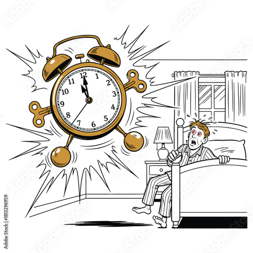 Funny Vector Illustration of Man Waking Up in Panic to Giant Alarm Clock