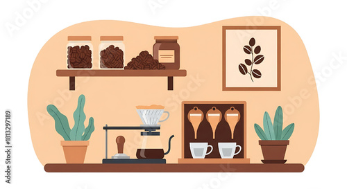 Coffee station vector illustration with plants and coffee accessories