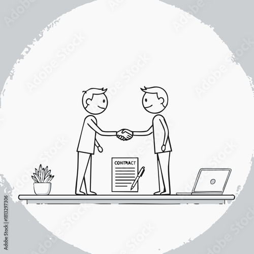 Two cartoon businessmen shaking hands over a contract, symbolizing agreement and successful business dealings in a simplified illustration.