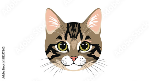 A friendly and stylized brown tabby cat face with bright green eyes and classic black striped markings, isolated on a clean white background.