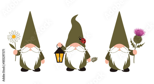 Charming garden gnomes in olive green attire with unique accessories, including a daisy, lantern, ladybug, and thistle, against a clean white background.